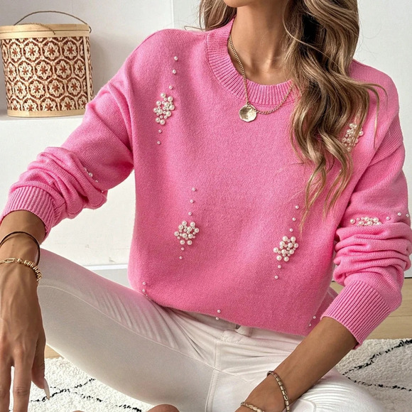 Casual Soft & Comfortable Pearl Embellished Knit Sweater - Picture 1 of 5
